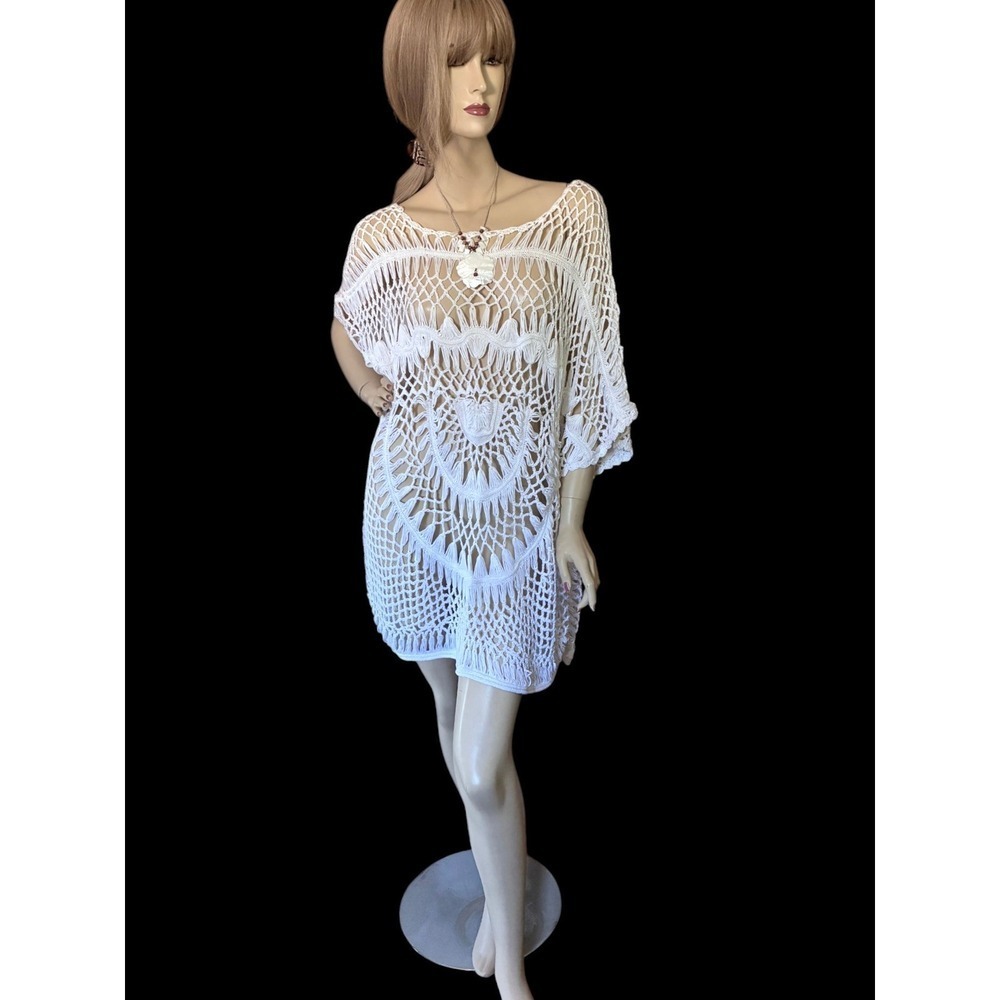Modern White Macramé Cover Up Oversized Beach Dress Tunic